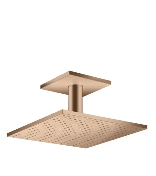 Deckenmontierte Kopfbrause in gebürstetem Rotgold mit quadratischem Design und kleinen Wasserlöchern. Produkt von AXOR.